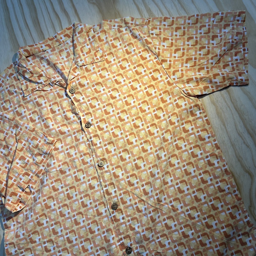 Mens Retro Geometric Button Down Shirt Orange Yellow Short Sleeve Large